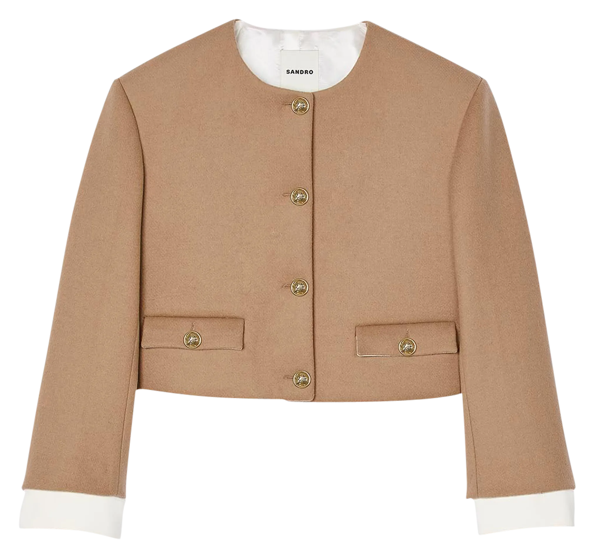 Chaqueta corta recta cuello redondo de lana mezclada en marron