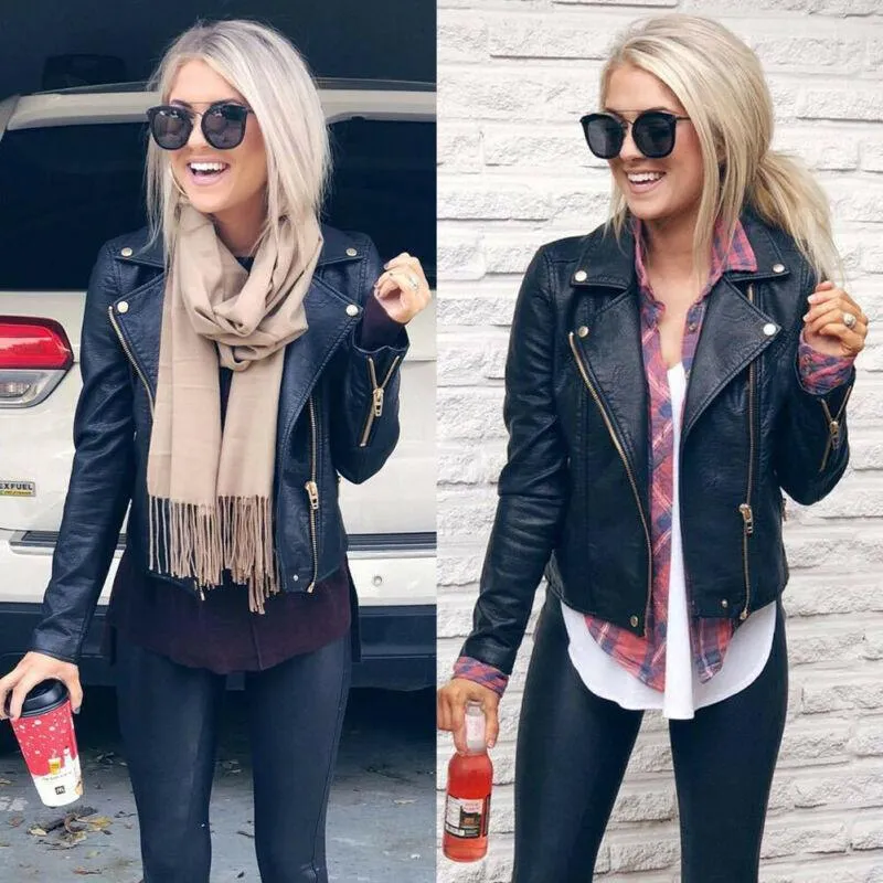 Chaqueta de cuero para mujer, abrigo con cremallera para motociclista, prendas de vestir de invierno, estilo informal, chaqueta 