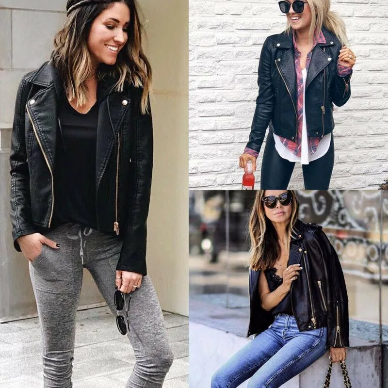 Chaqueta de cuero para mujer, abrigo con cremallera para motociclista, prendas de vestir de invierno, estilo informal, chaqueta 