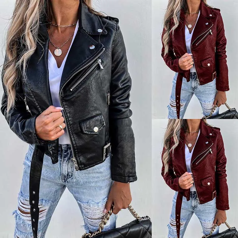 Chaqueta de cuero para mujer, abrigo con cremallera para motociclista, prendas de vestir de invierno, estilo informal, chaqueta 