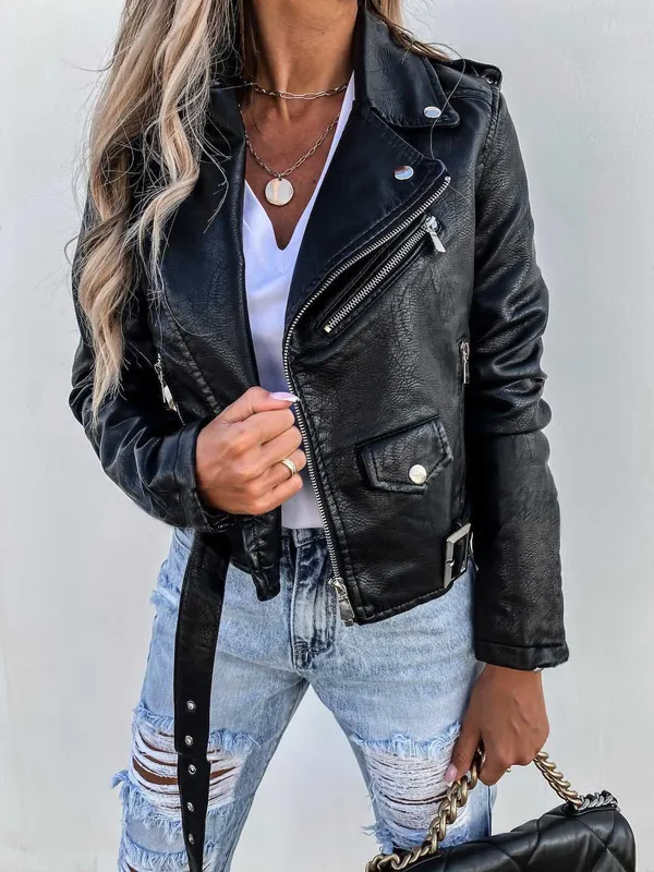 Chaqueta de cuero para mujer, abrigo con cremallera para motociclista, prendas de vestir de invierno, estilo informal, chaqueta 