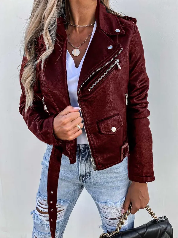 Chaqueta de cuero para mujer, abrigo con cremallera para motociclista, prendas de vestir de invierno, estilo informal, chaqueta 