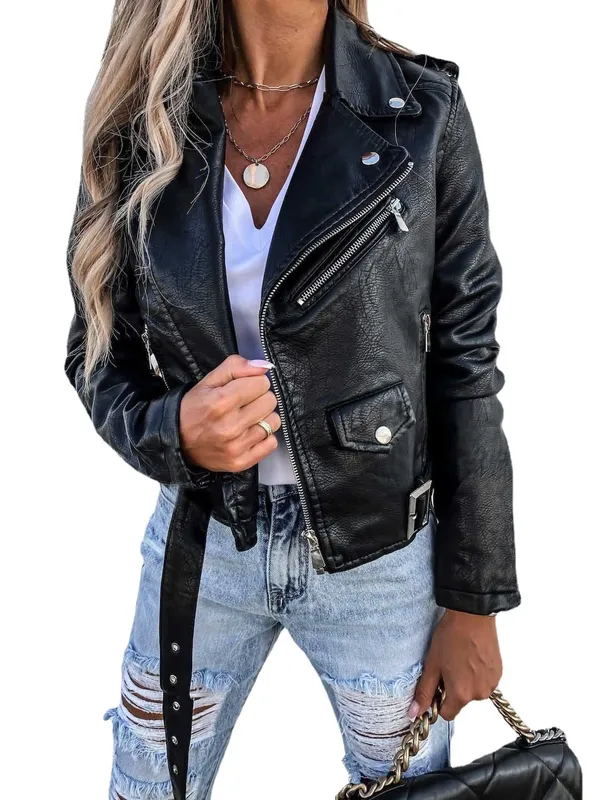 Chaqueta de cuero para mujer, abrigo con cremallera para motociclista, prendas de vestir de invierno, estilo informal, chaqueta 