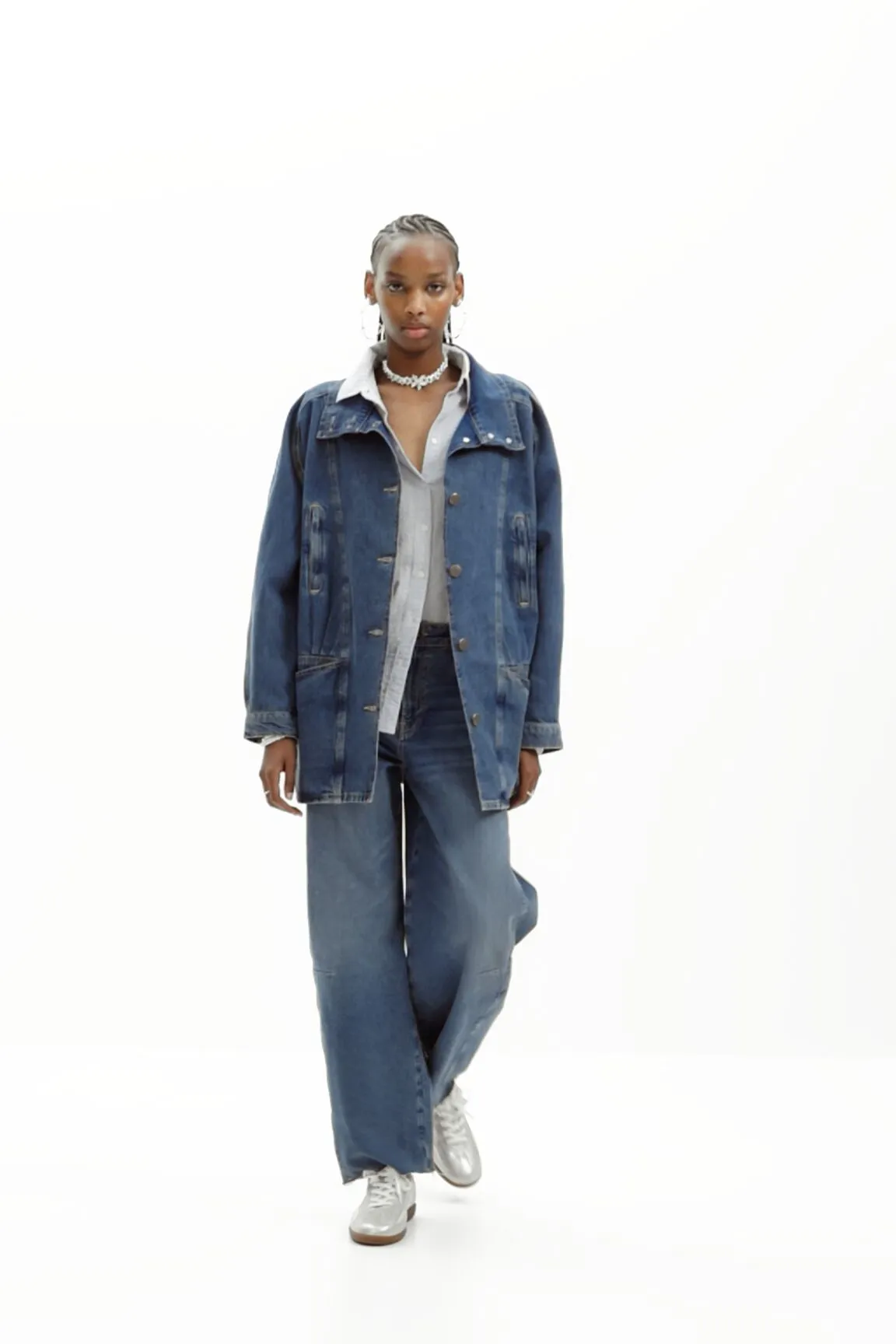 Chaqueta denim efecto rayado y cuello en V