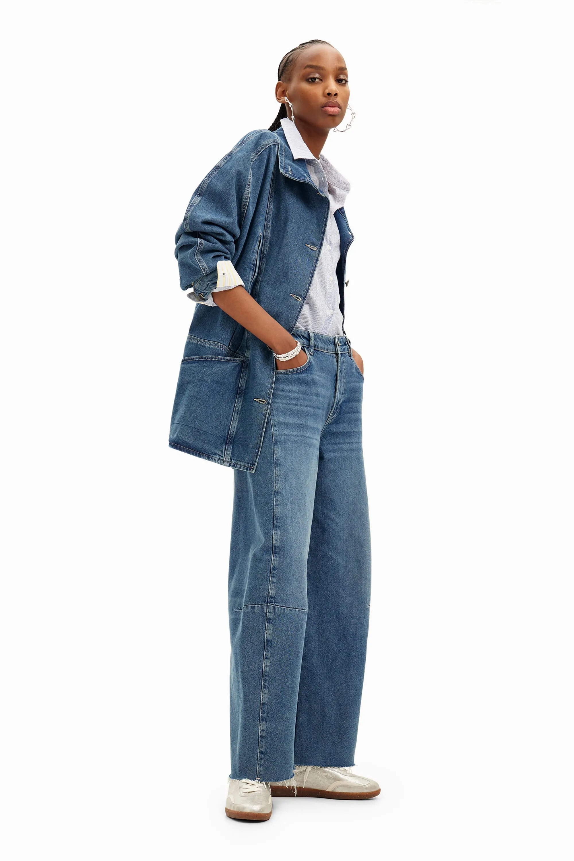 Chaqueta denim efecto rayado y cuello en V