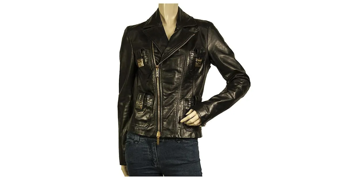 Dsquared2 DSquared DS2 Chaqueta motera con cremallera y forro de diseñador de cuero negro tamaño 42 