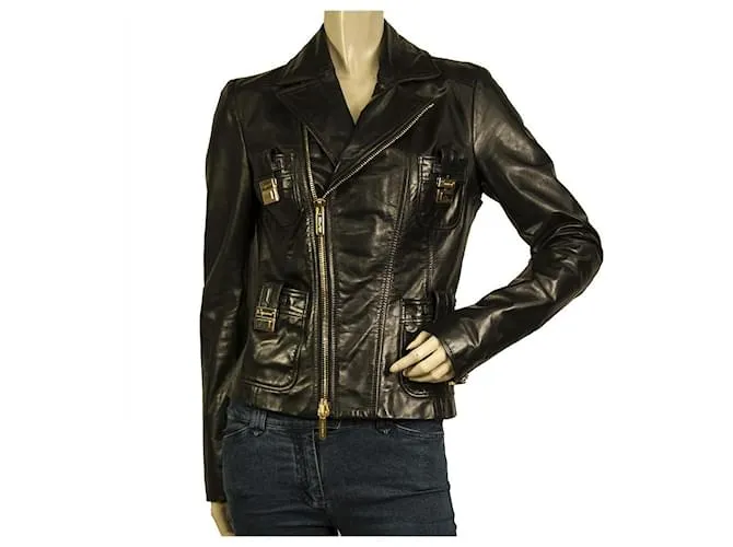 Dsquared2 DSquared DS2 Chaqueta motera con cremallera y forro de diseñador de cuero negro tamaño 42 