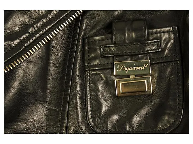 Dsquared2 DSquared DS2 Chaqueta motera con cremallera y forro de diseñador de cuero negro tamaño 42 
