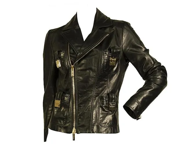 Dsquared2 DSquared DS2 Chaqueta motera con cremallera y forro de diseñador de cuero negro tamaño 42 