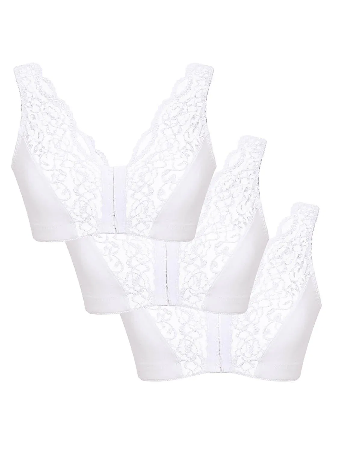 Eden House | Quality | Pack of 3 Bra Cotton Lace Front Fastening Magic Bra