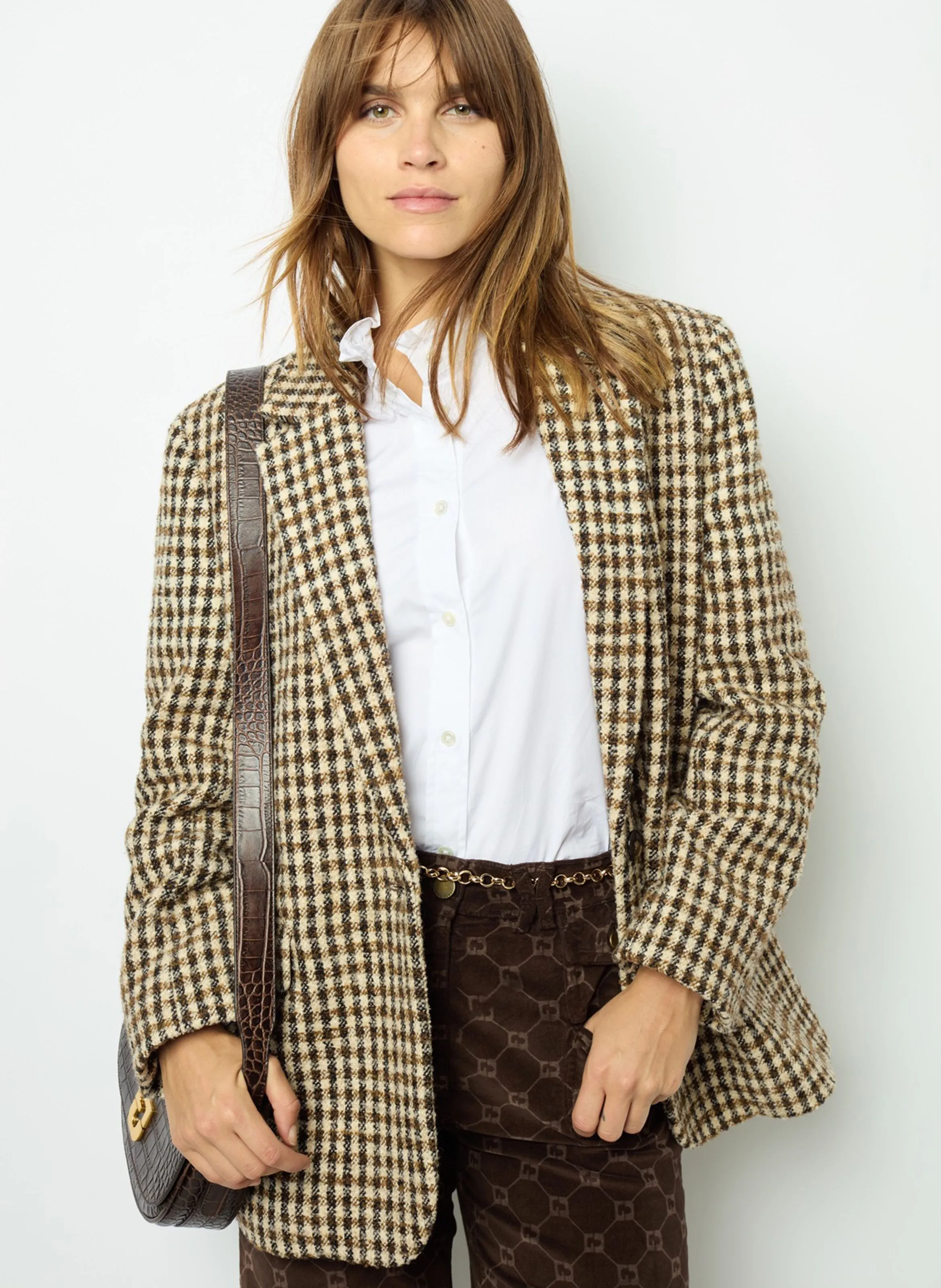GERARD DAREL MANUELLE  CHAQUETA DE CORTE AMPLIO CON CUELLO DE SOLAPA A CUADROS EN MARRON