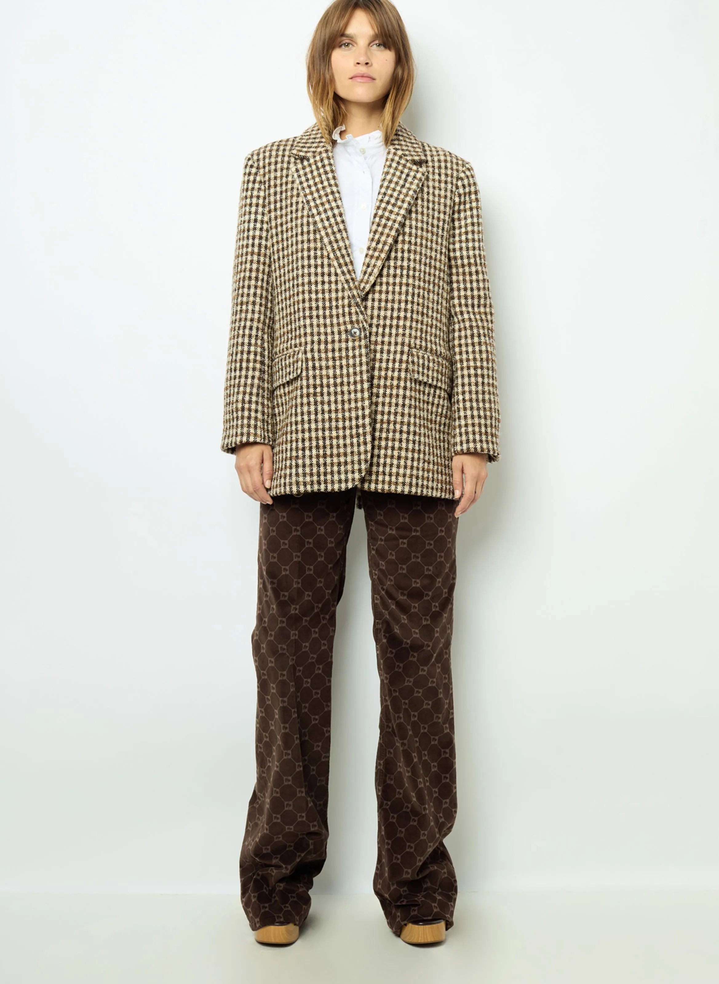 GERARD DAREL MANUELLE  CHAQUETA DE CORTE AMPLIO CON CUELLO DE SOLAPA A CUADROS EN MARRON