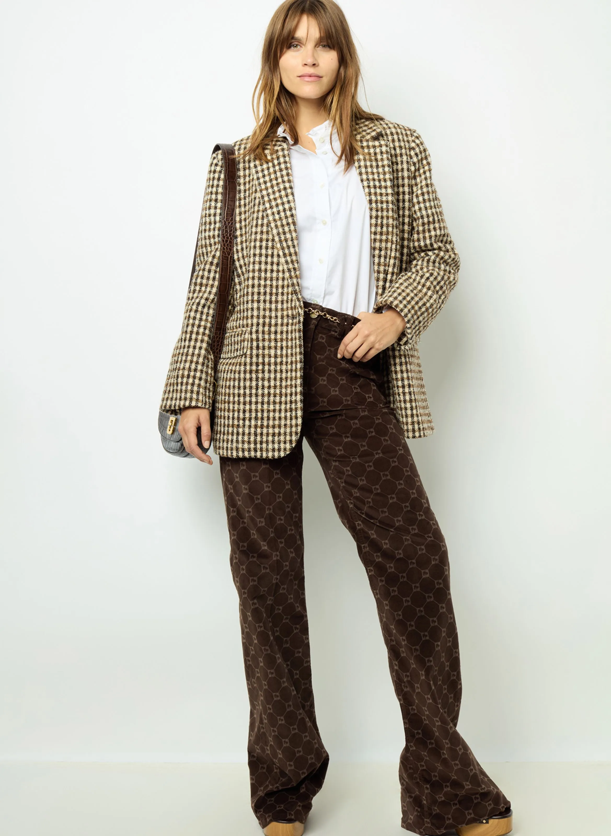 GERARD DAREL MANUELLE  CHAQUETA DE CORTE AMPLIO CON CUELLO DE SOLAPA A CUADROS EN MARRON