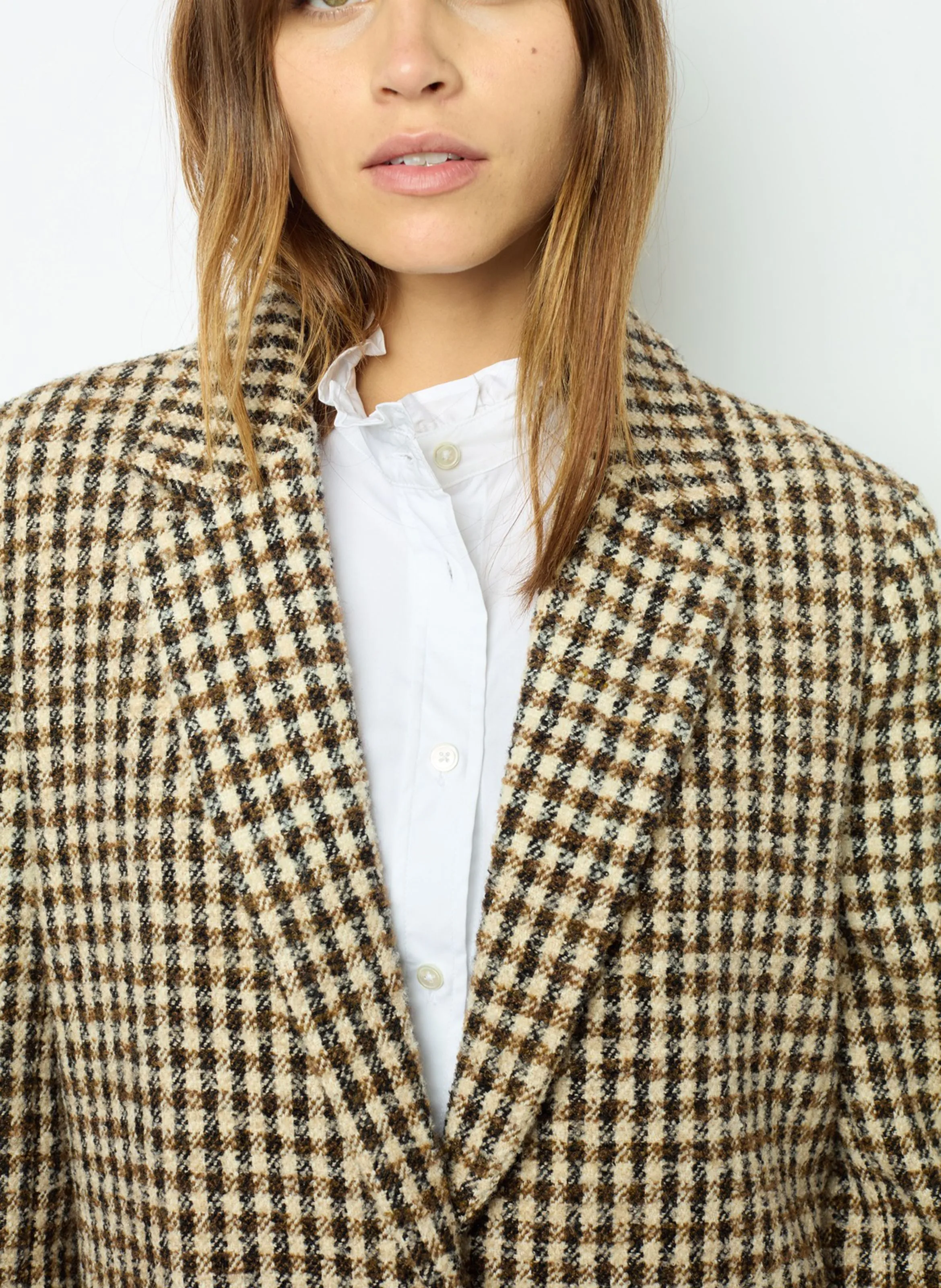 GERARD DAREL MANUELLE  CHAQUETA DE CORTE AMPLIO CON CUELLO DE SOLAPA A CUADROS EN MARRON