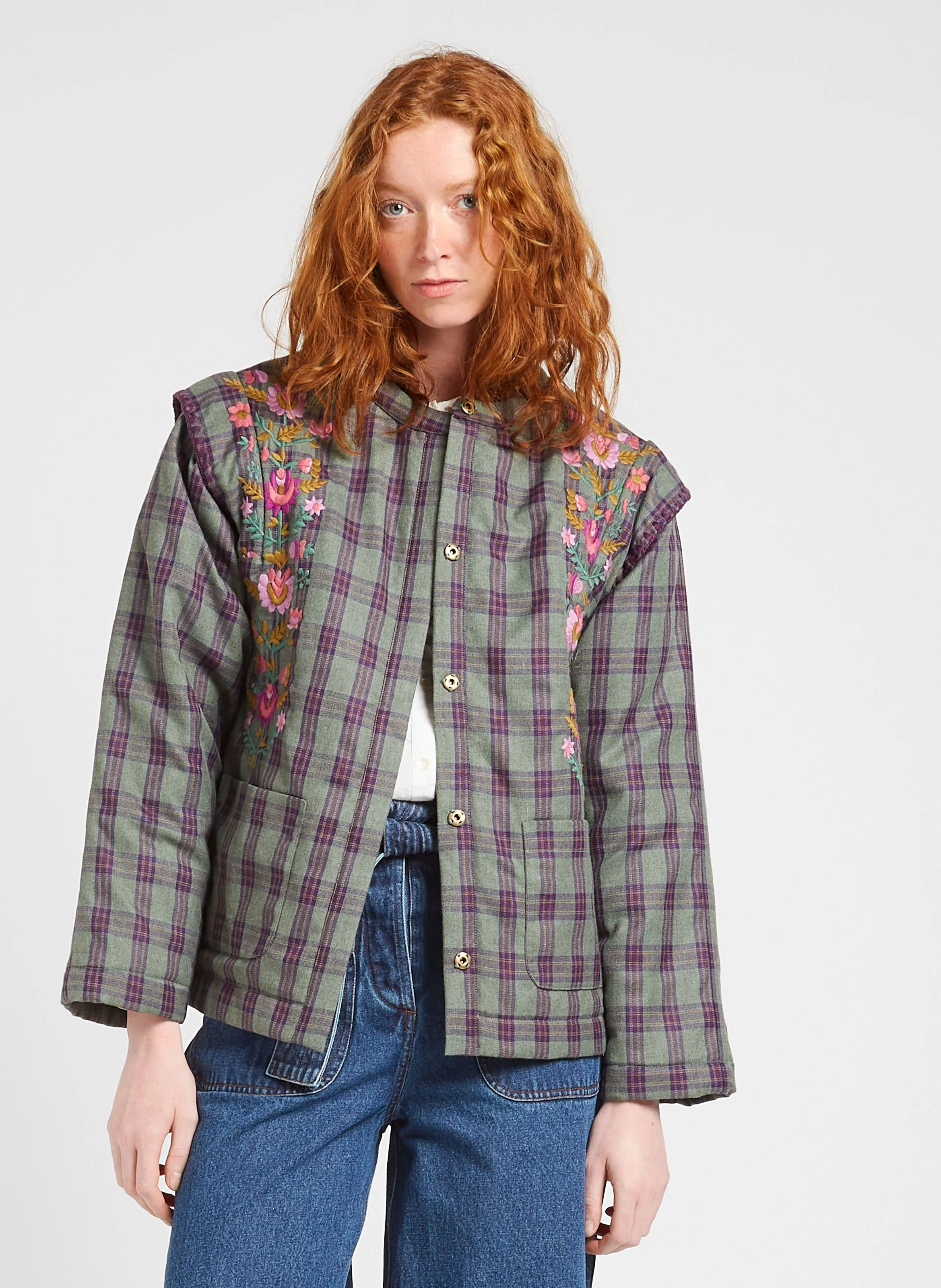 LOUISE MISHA MAURA  CHAQUETA REDONDA BORDADA CON ESTAMPADO DE TARTáN. EN CAQUI