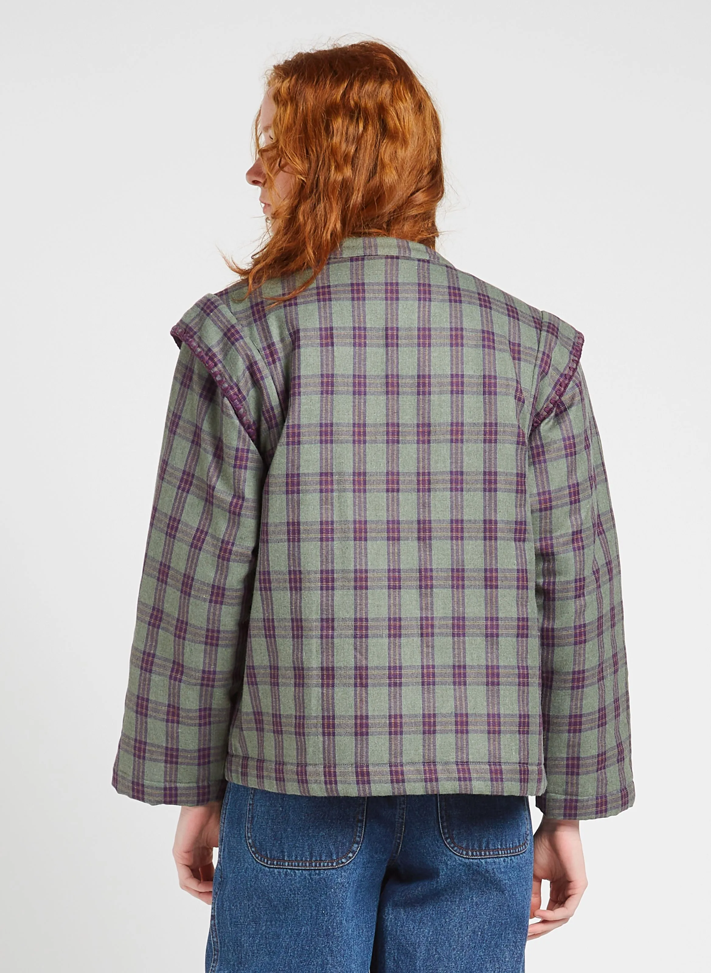 LOUISE MISHA MAURA  CHAQUETA REDONDA BORDADA CON ESTAMPADO DE TARTáN. EN CAQUI