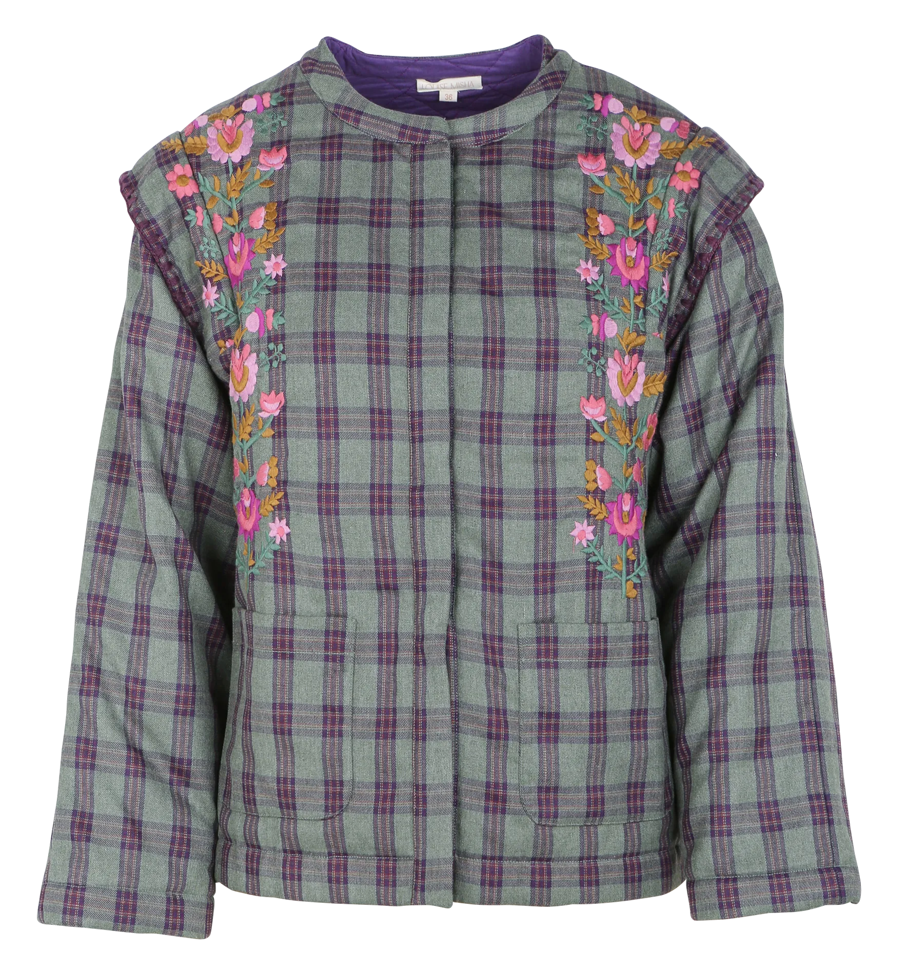 LOUISE MISHA MAURA  CHAQUETA REDONDA BORDADA CON ESTAMPADO DE TARTáN. EN CAQUI
