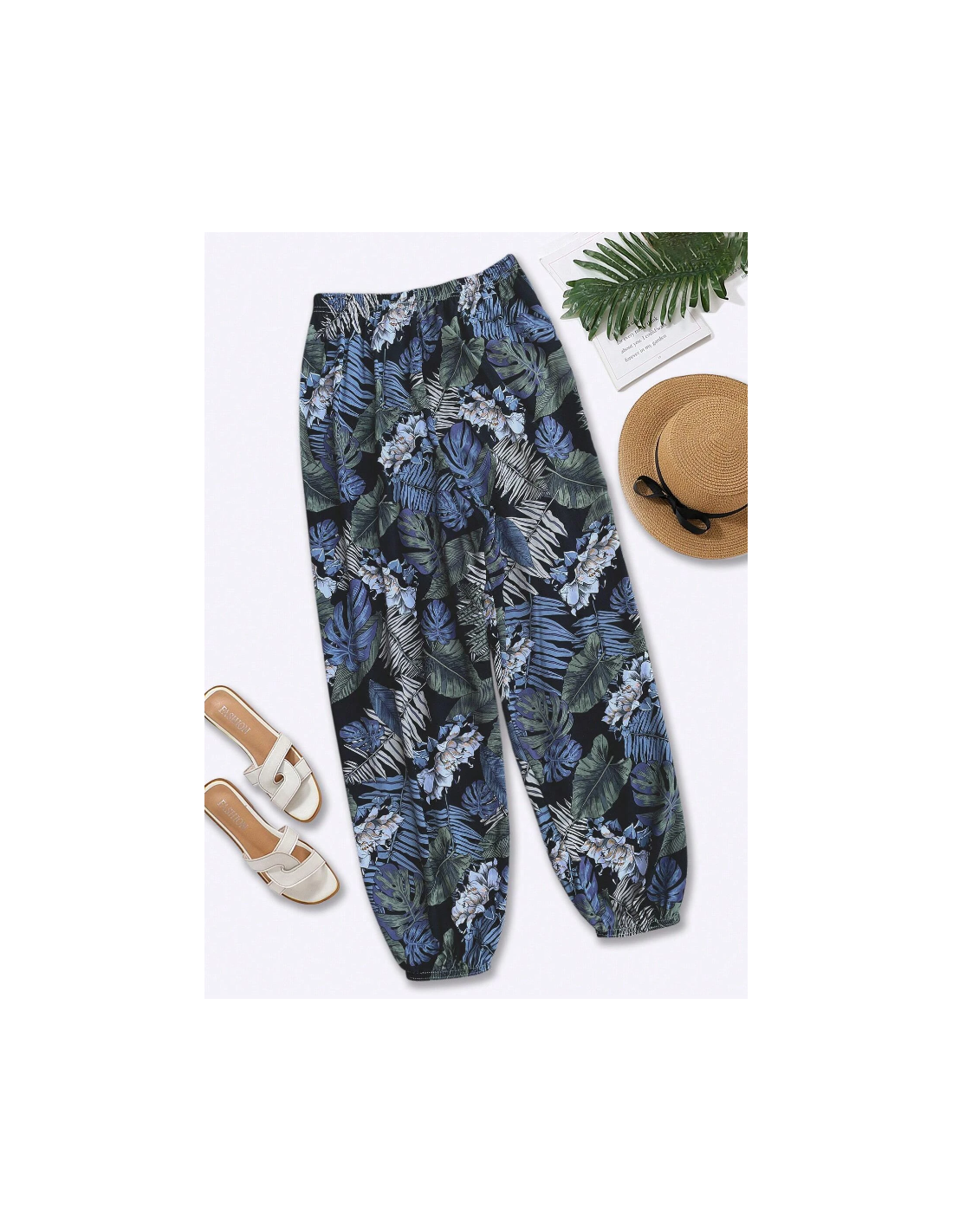 Pantalón Ancho Estampado Tropical Azul