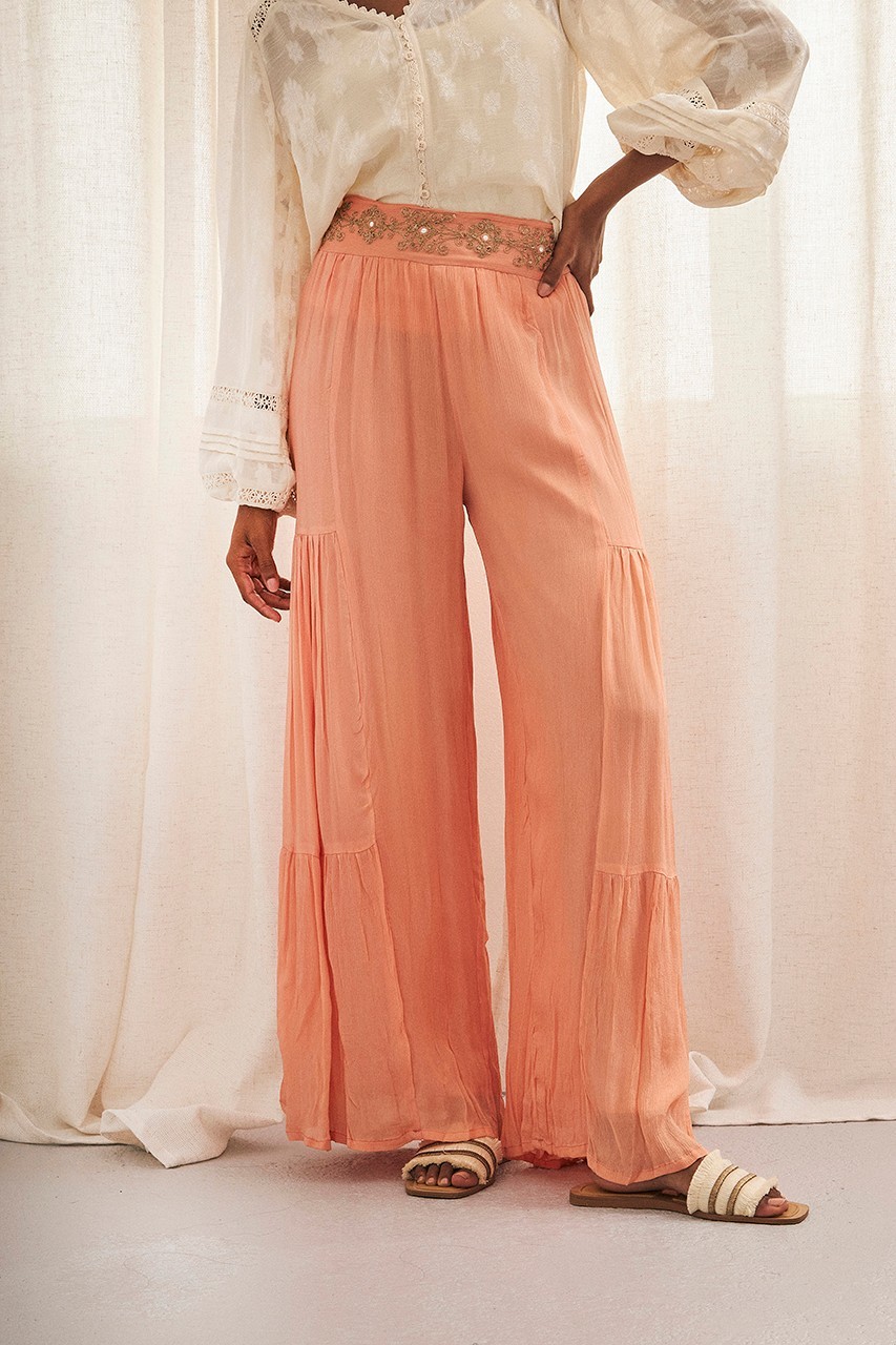 Pantalón palazzo naranja bordado Rumin