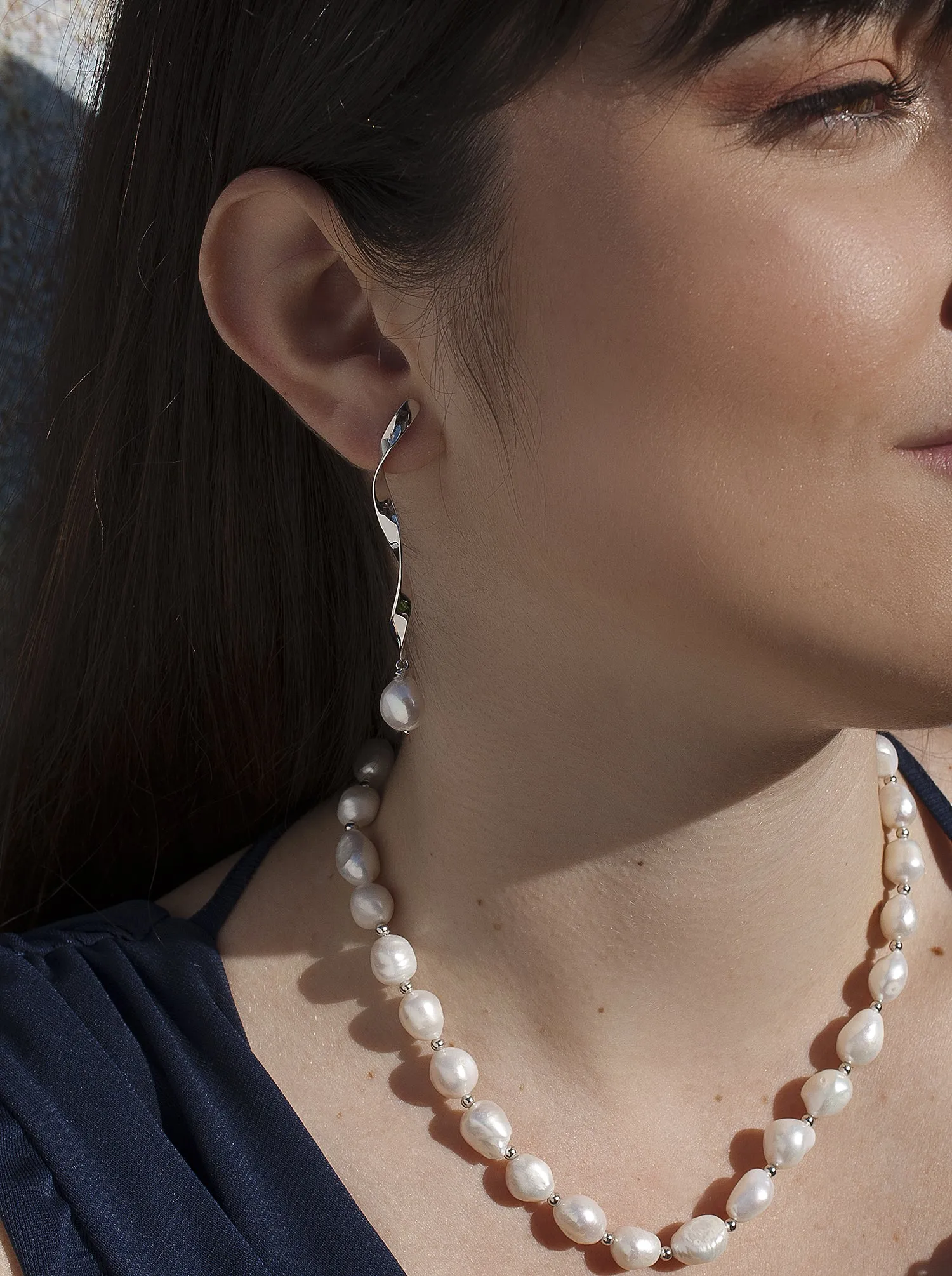 Pendientes perla de plata diseo curvilíneo