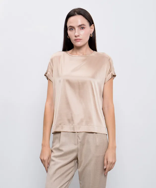 Peserico Brown silk top with monil chain