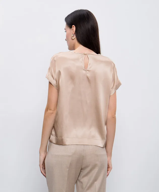 Peserico Brown silk top with monil chain
