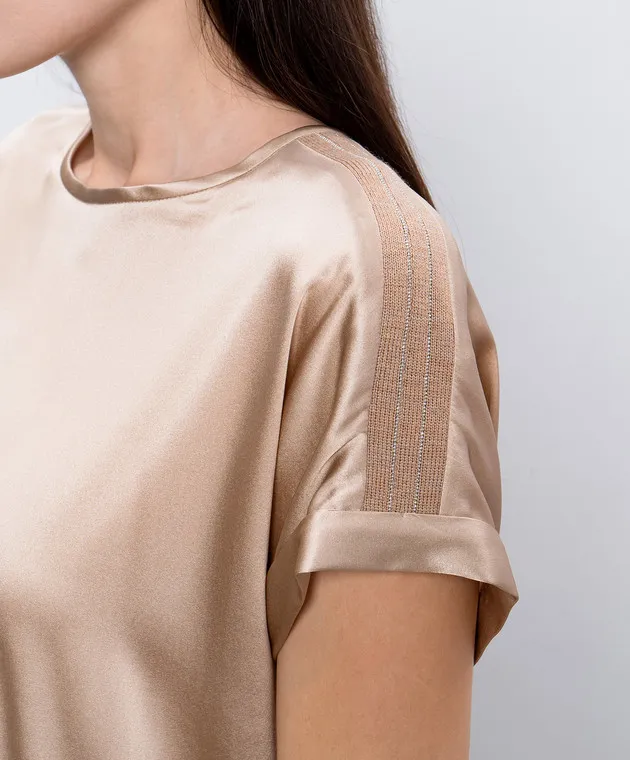 Peserico Brown silk top with monil chain
