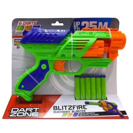 PISTOLA DE DARDOS 26CM DART ZONE DISPARA 25M BLITZ FIRE PACK X1