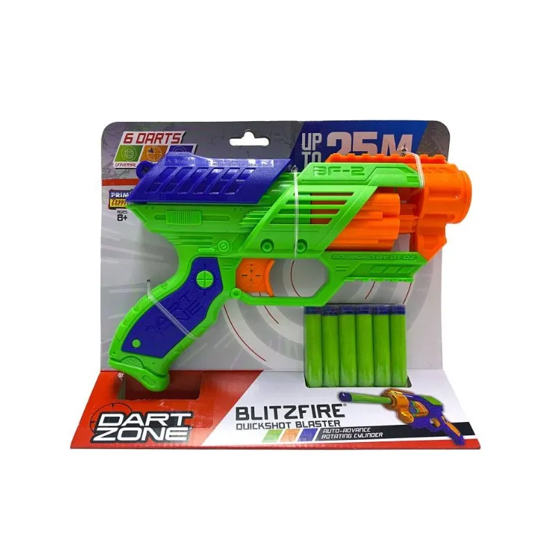 PISTOLA DE DARDOS 26CM DART ZONE DISPARA 25M BLITZ FIRE PACK X1