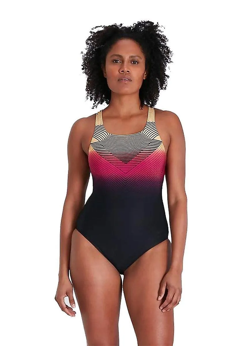 SPEEDO DIGITAL PLACEMENT MEDALIST SWIMSUIT  BLACK/ PAPAYA PUNCH/ MAGENTA  WOMENS