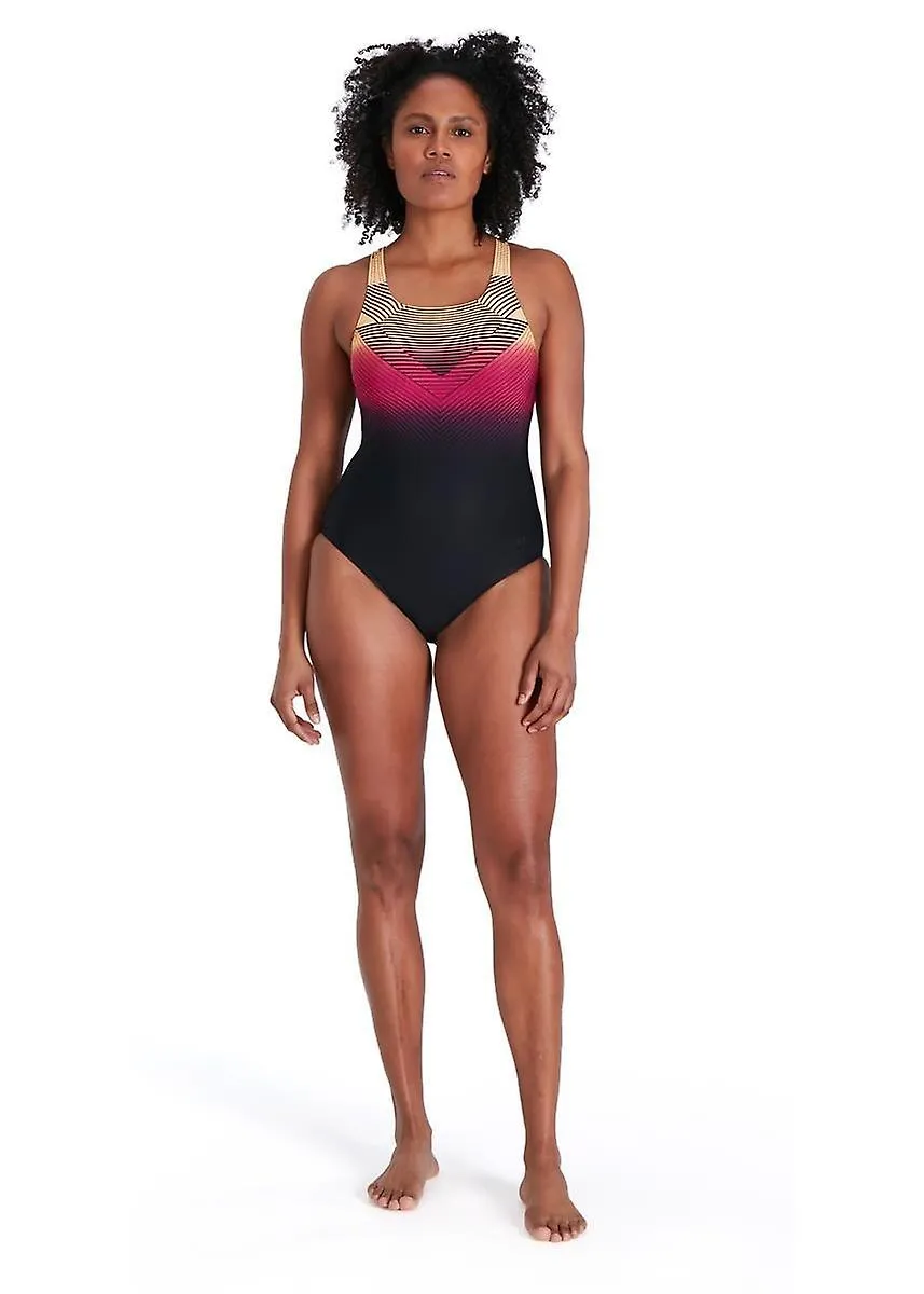 SPEEDO DIGITAL PLACEMENT MEDALIST SWIMSUIT  BLACK/ PAPAYA PUNCH/ MAGENTA  WOMENS