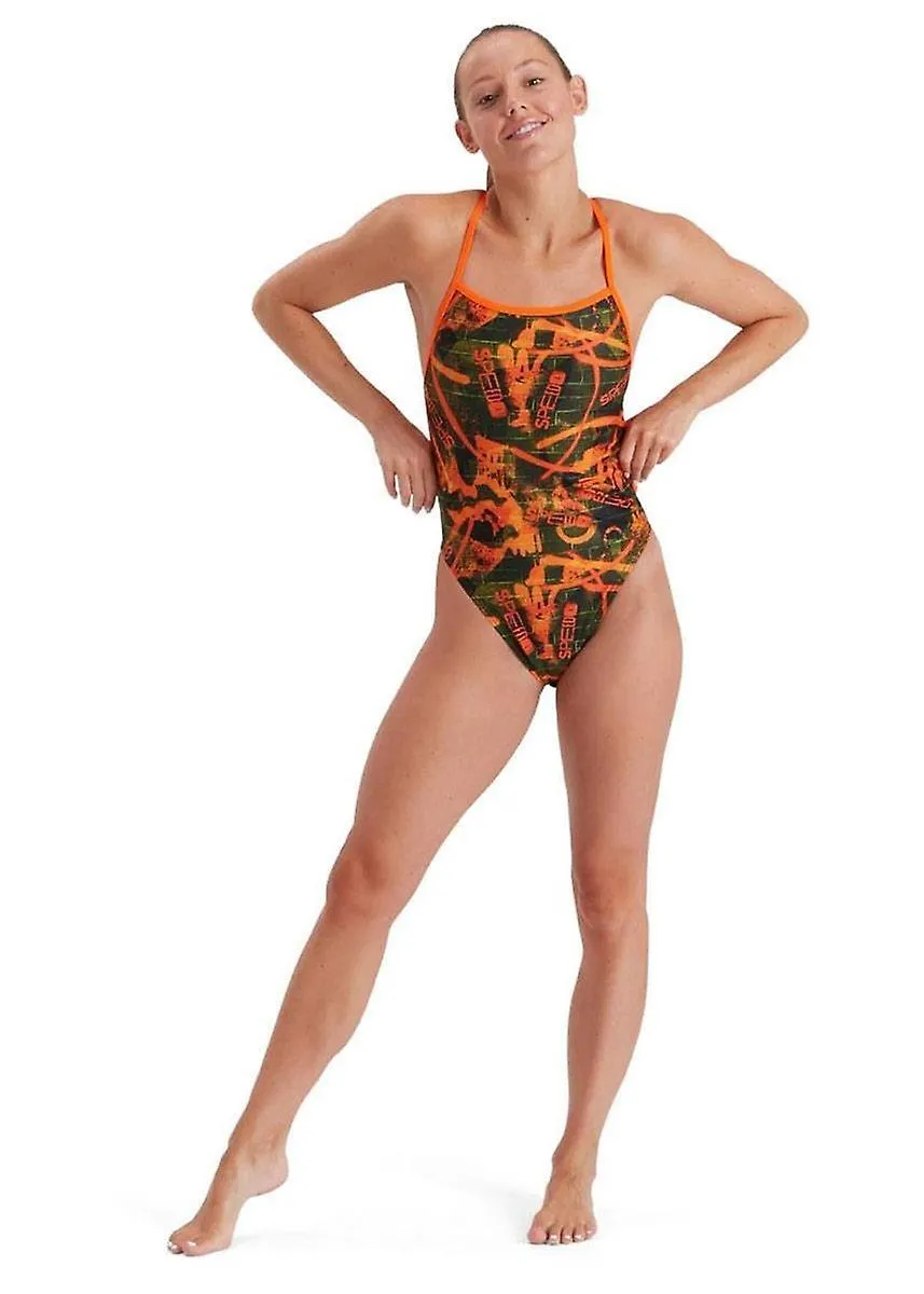 SPEEDO WALL SPRAY ALLOVER VBACK SWIMSUIT  SALSO/ BLACK/ OLIVE  GIRLS