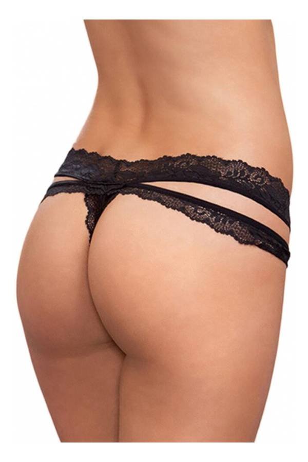 Tanga sexy encaje negro de noche lencería