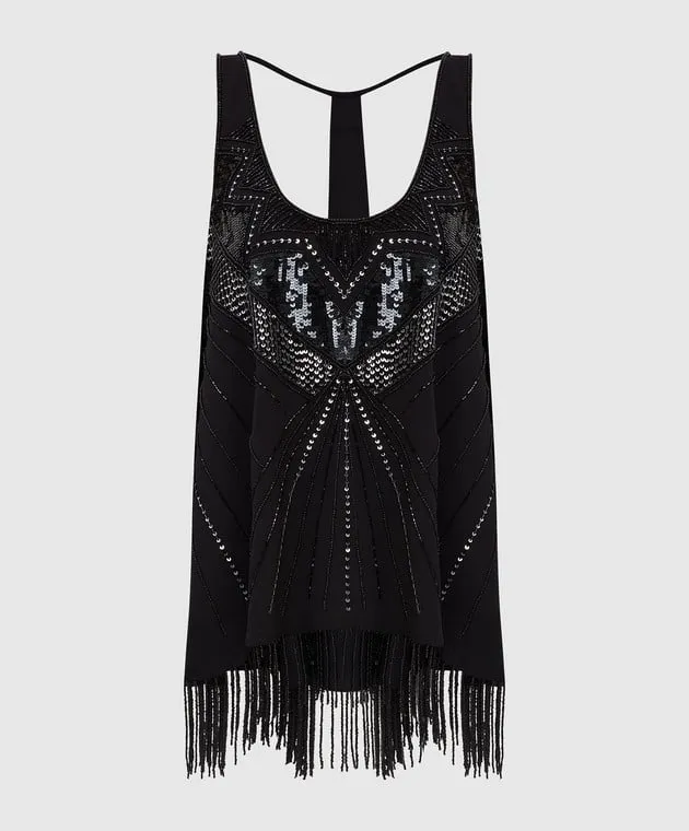 Twinset Black top with embroidery and fringes