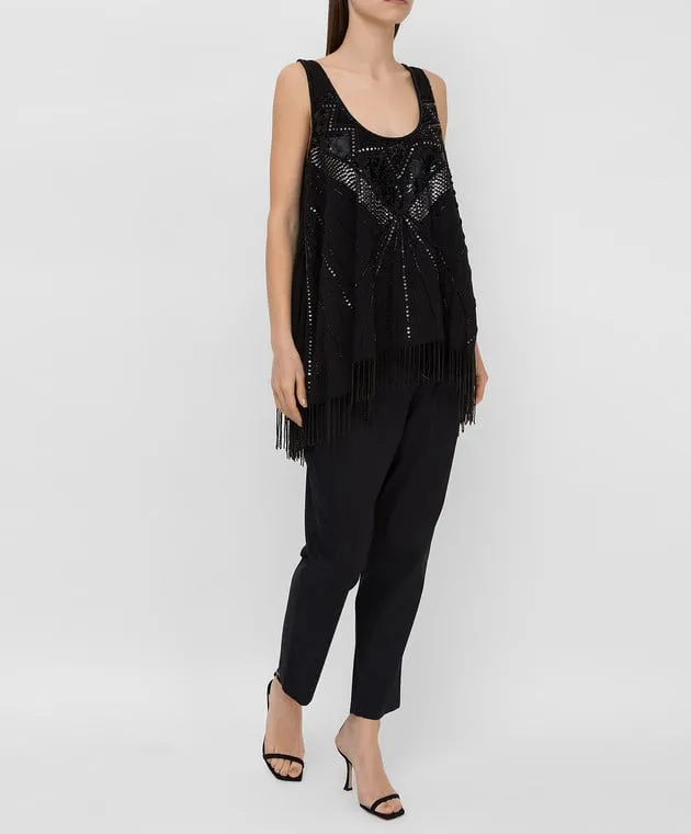 Twinset Black top with embroidery and fringes