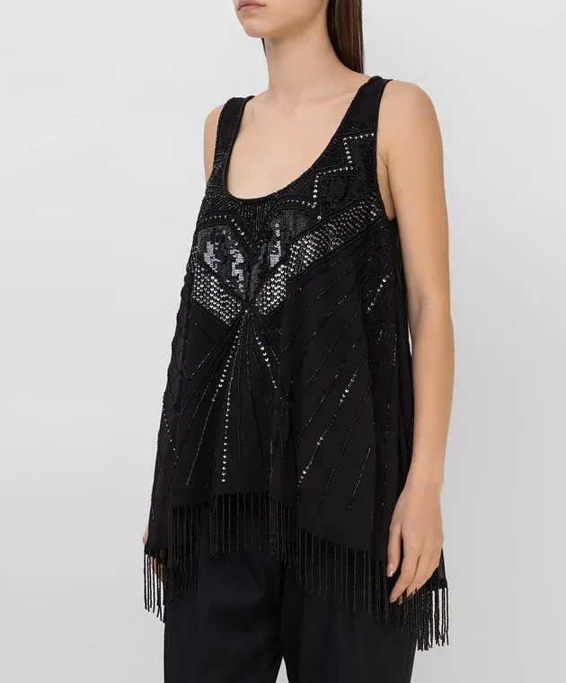 Twinset Black top with embroidery and fringes