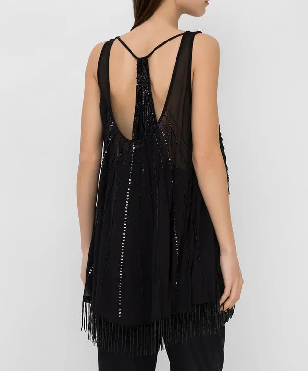 Twinset Black top with embroidery and fringes