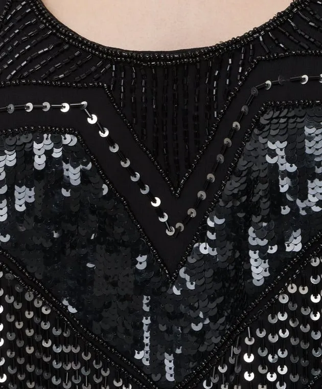 Twinset Black top with embroidery and fringes
