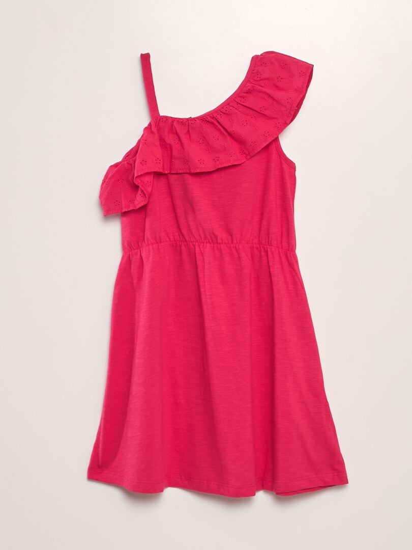 VESTIDO CON VOLANTE EN EL CUELLO DE BORDADO INGLéS  ROSA