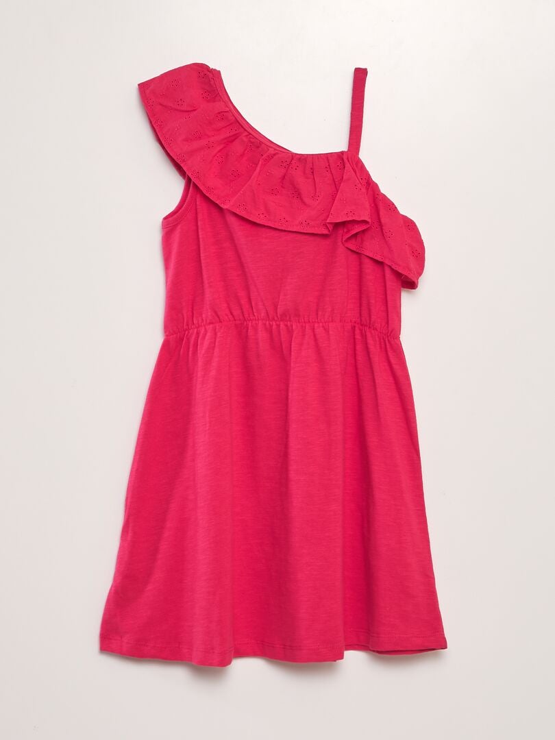 VESTIDO CON VOLANTE EN EL CUELLO DE BORDADO INGLéS  ROSA