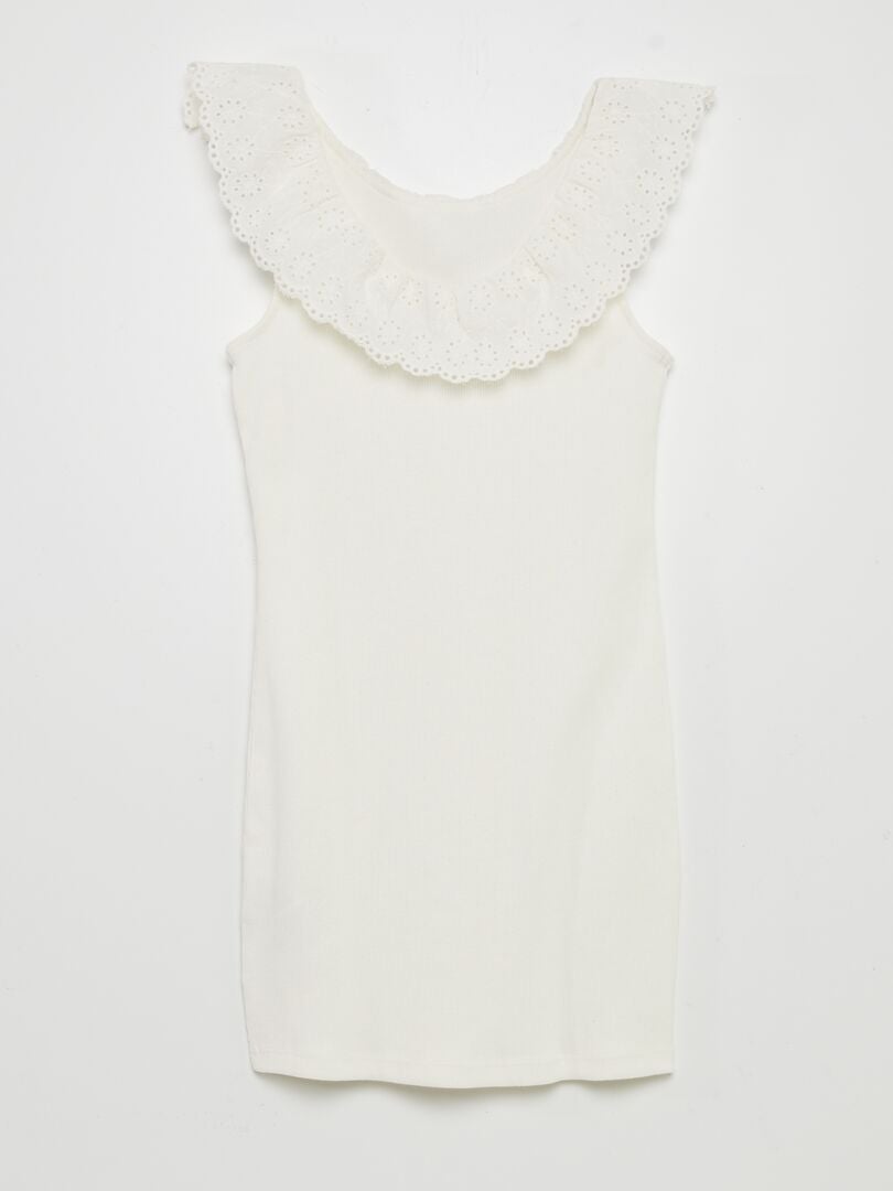 VESTIDO DE CANALé CON CUELLO BORDADO AMPLIO  BLANCO