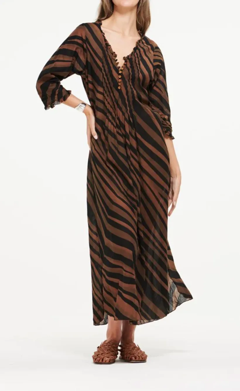VESTIDO LARGO BOTONES PRINT RAYAS MARRN