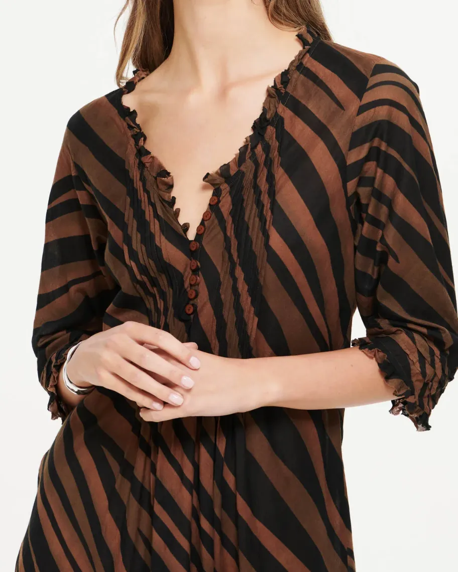 VESTIDO LARGO BOTONES PRINT RAYAS MARRN