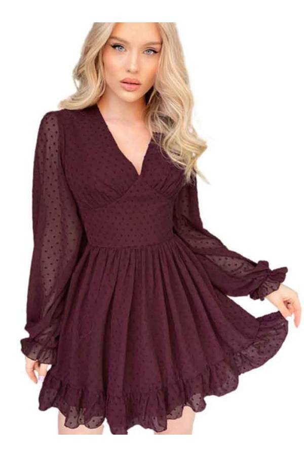 Vestido tela texturizada topos de vuelo corto