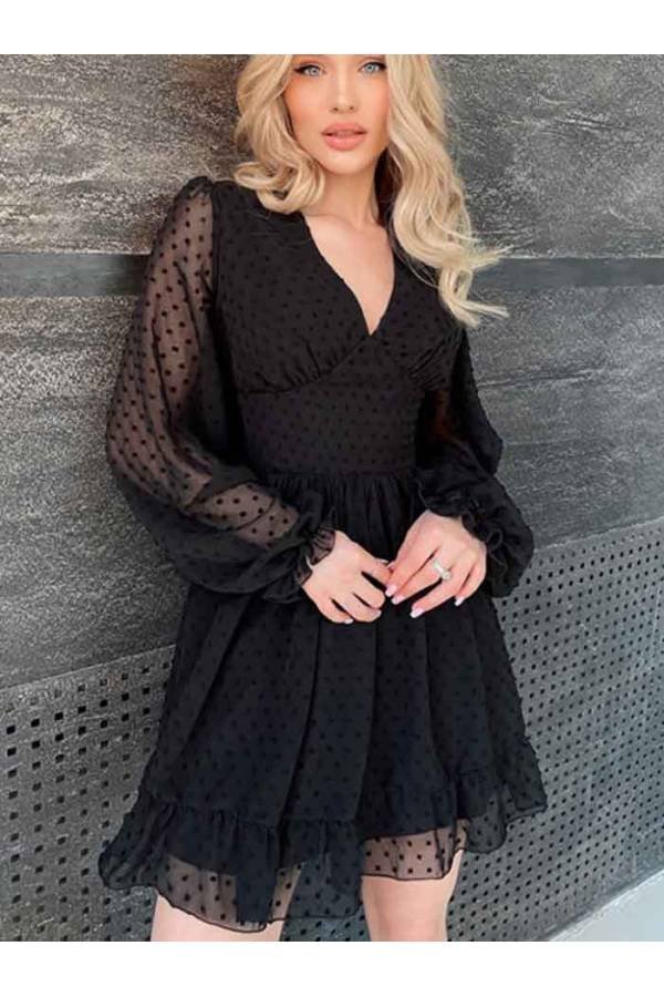 Vestido tela texturizada topos de vuelo corto