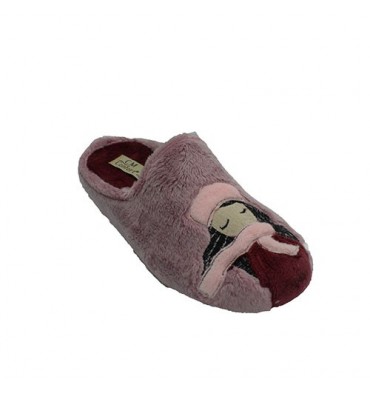 Zapatilla mujer abierta por detrás cara de muñeca con bufanda Calzamur en violeta
